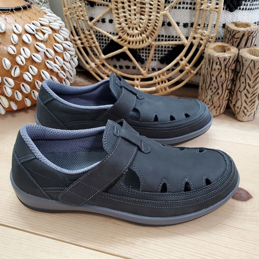 EUC Orthofeet Serene 891 Shoes Nubuck Leather Black T-Strap Comfort 10D Wide